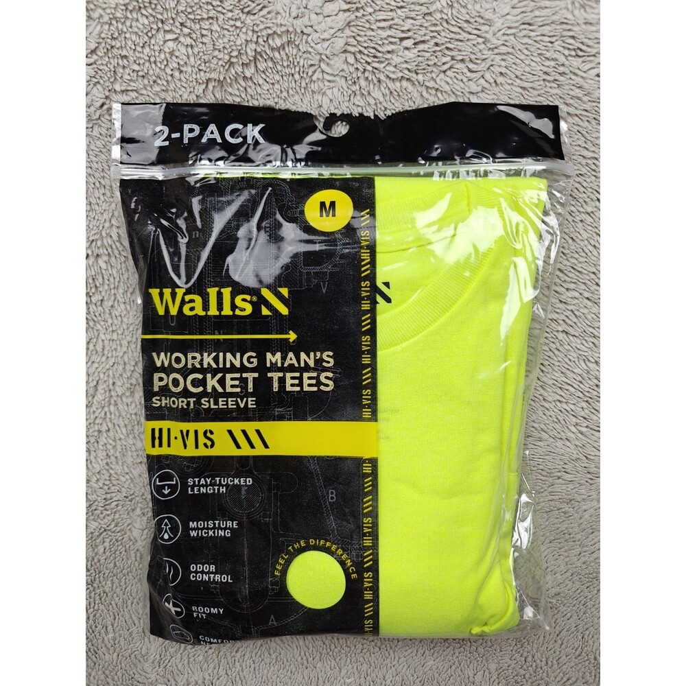 Walls 2pk Working Man's Medium HI-VIS YELLOW Pocket Tee Short Sleeve T-Shirts